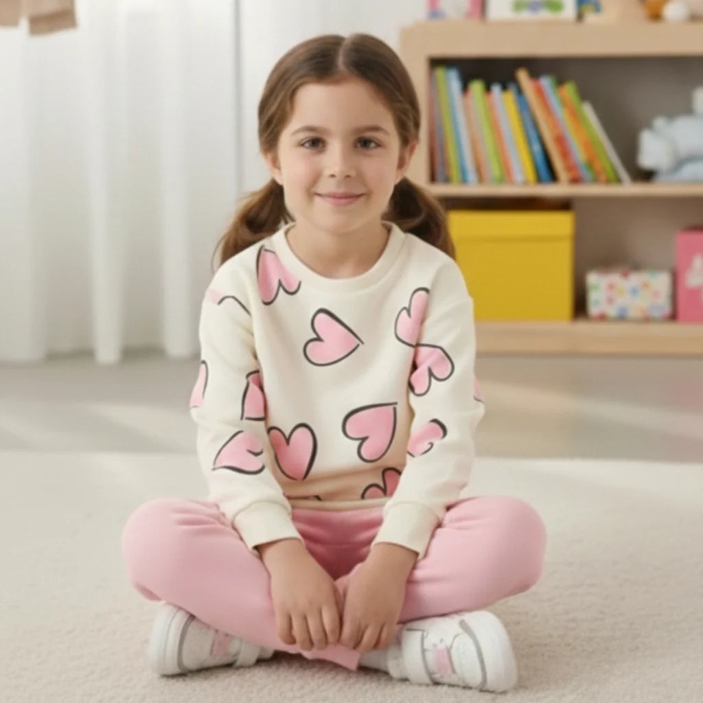 White Pink Bow Print Sweatshirt Set