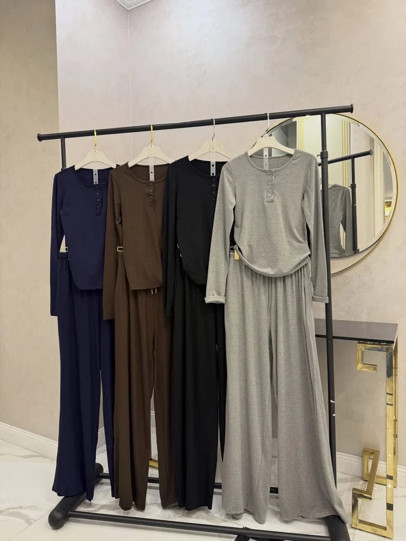 2 Pcs Button Lounge Wear Set Top With Straight Trouser
