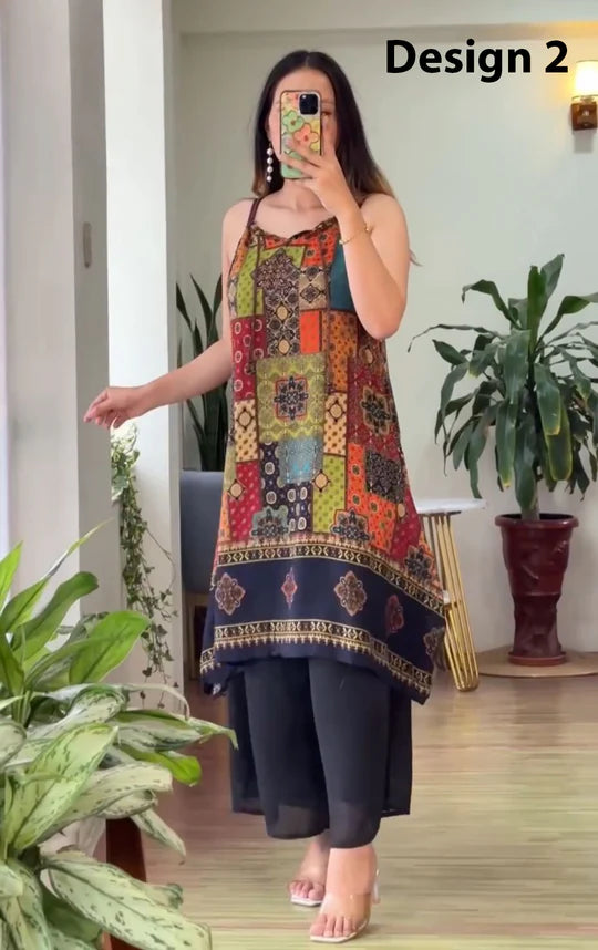 MULTICOLOR BLOCK PRINT SLEEVELESS KURTI WITH PALAZZO