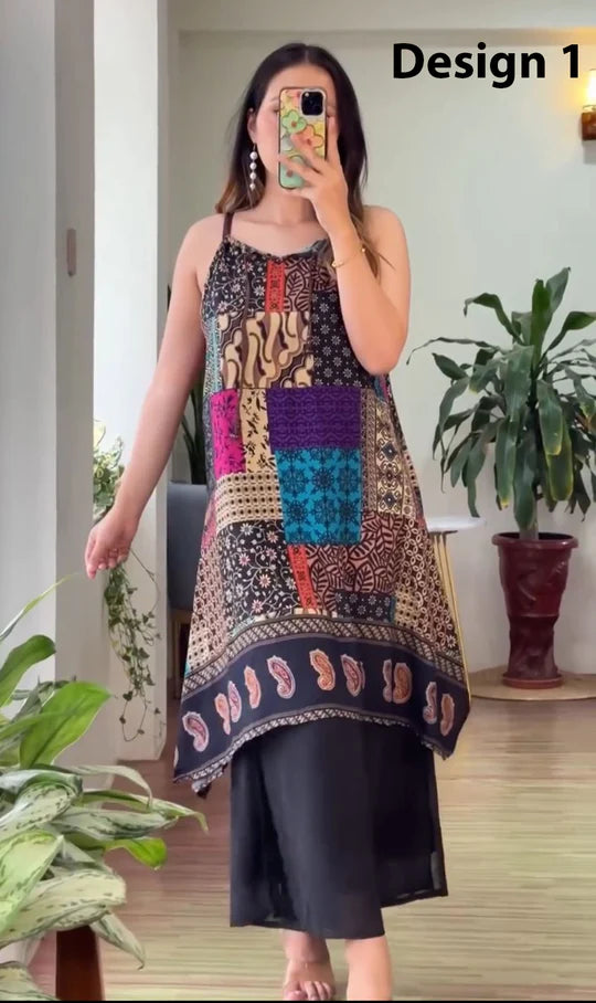 MULTICOLOR BLOCK PRINT SLEEVELESS KURTI WITH PALAZZO