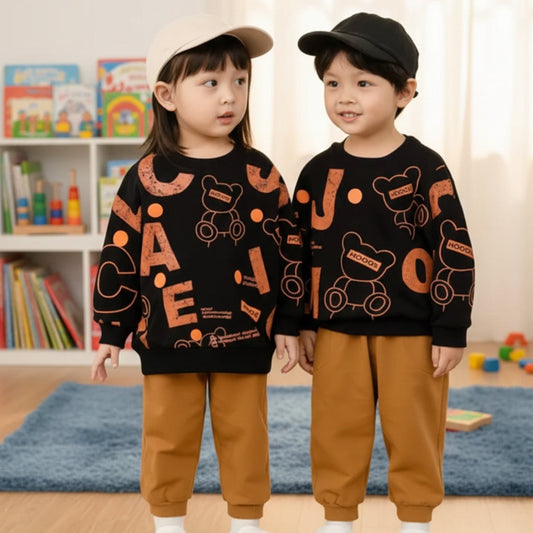 New Black Bear Printed Sweatshirt Set