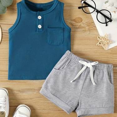 Blue Grey Sleevesless Short Set