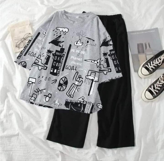 Grey Multi Printed Shirt Half Sleeves and plain Black Trouser Night Wear