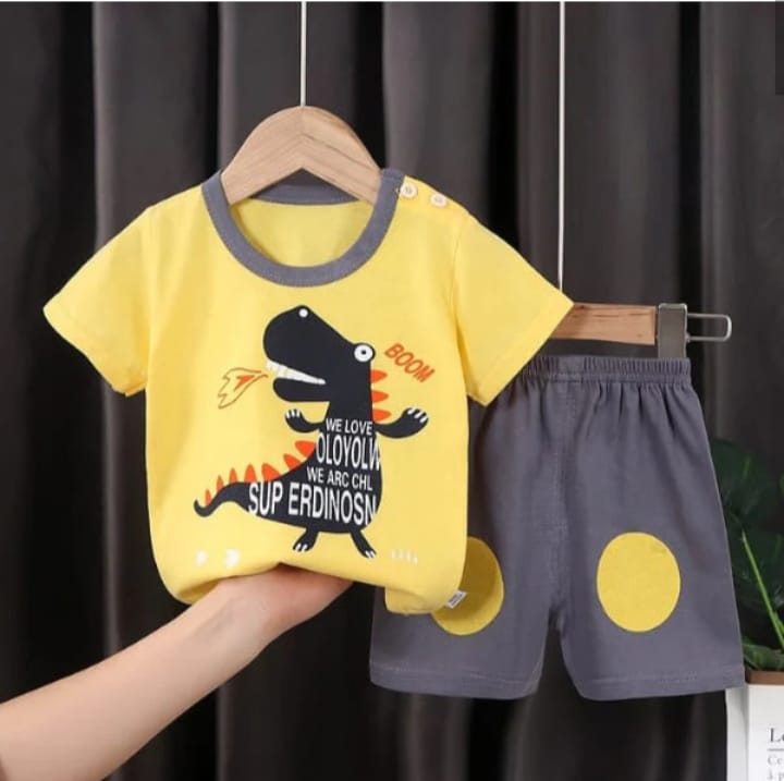 YELLOW BOOM DINO PRINTED KIDS SHORT SLEEVE KIDS WEAR