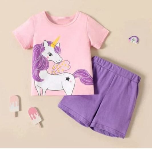 PINK PURPLE UNICORN PRINT SHORT-SLEEVE TEE & SHORTS SET