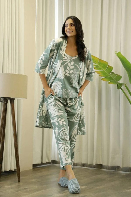 GREEN COTTON PRINTED 3 PEICE NIGHT SUIT SET WITH PYJAMA