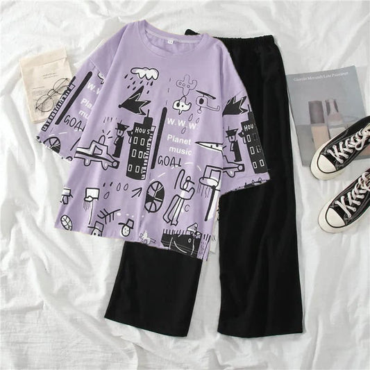 Purple Multi Printed Shirt Half Sleeves and plain Black Trouser Night Wear