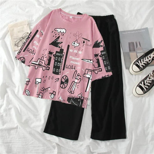 Pink Multi Printed Shirt Half Sleeves and plain Black Trouser Night Wear