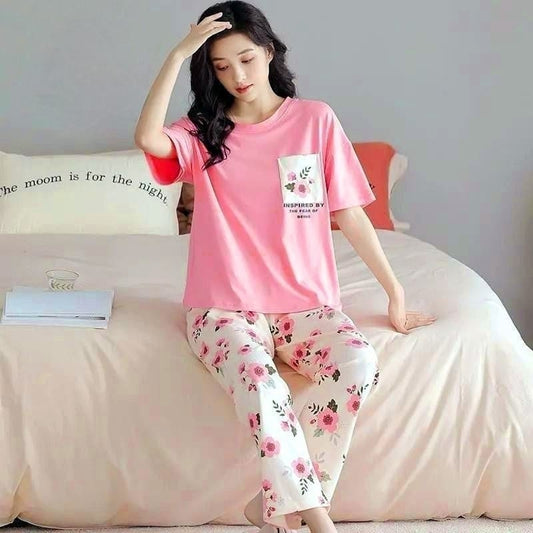 Pink Flower Printed Half Sleeve Nightsuit