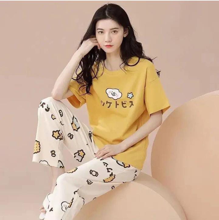 Yellow Emoji Printed Half Sleeve Nightsuit