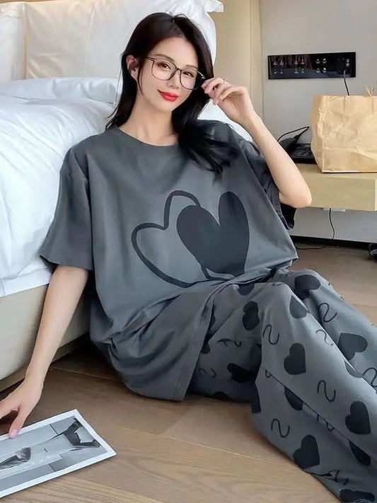 Charcoal Grey Heart Printed Half Sleeve Nightsuit