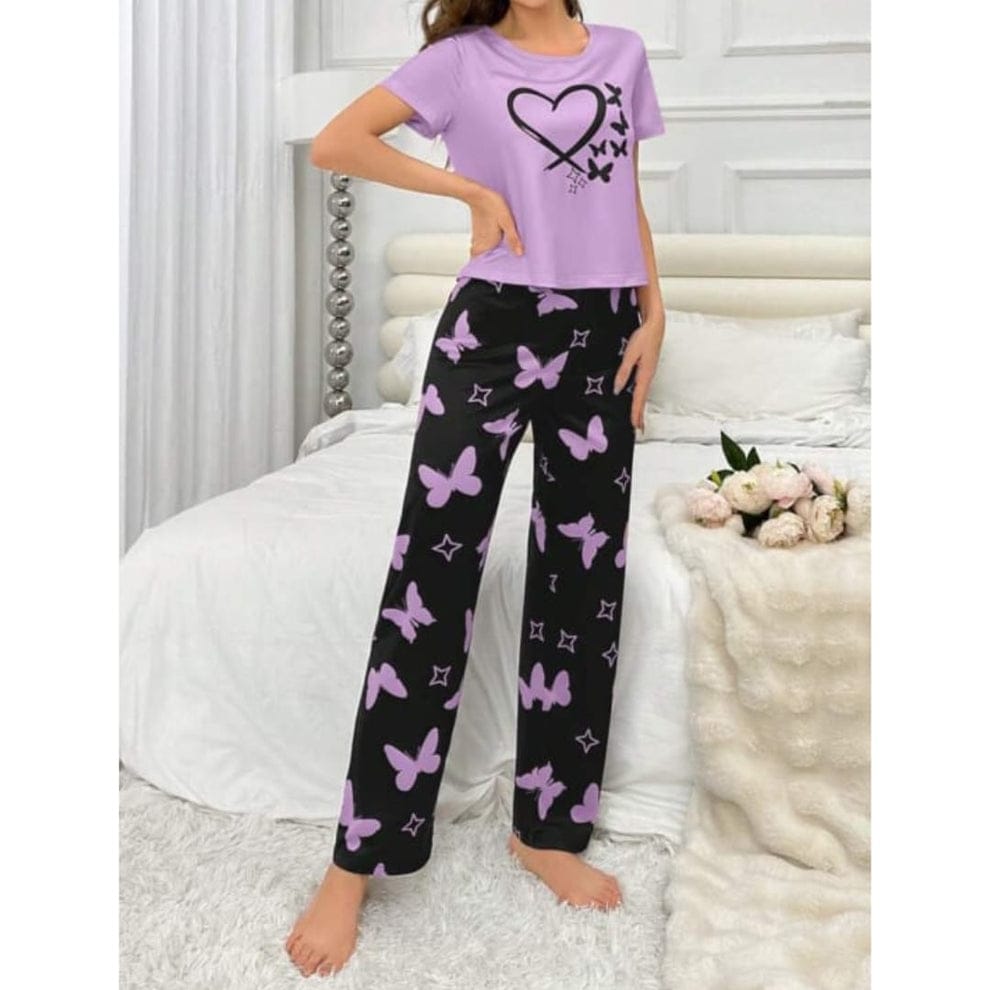 Purple With Black Heart Printed Half Sleeve Nightsuit