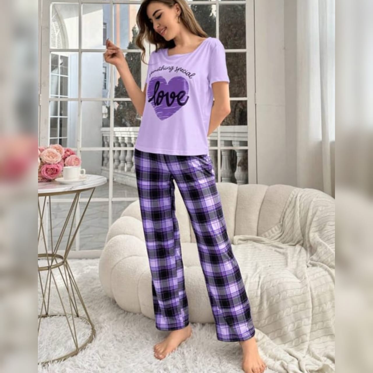 RED HEART HALF SLEEVES PRINTED NIGHTWEAR