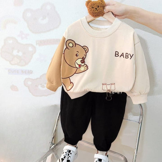 Offwhite Cute Bear Print Sweat Shirt With Black Trouser