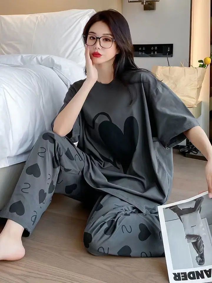 Charcoal Grey Heart Printed Half Sleeve Nightsuit