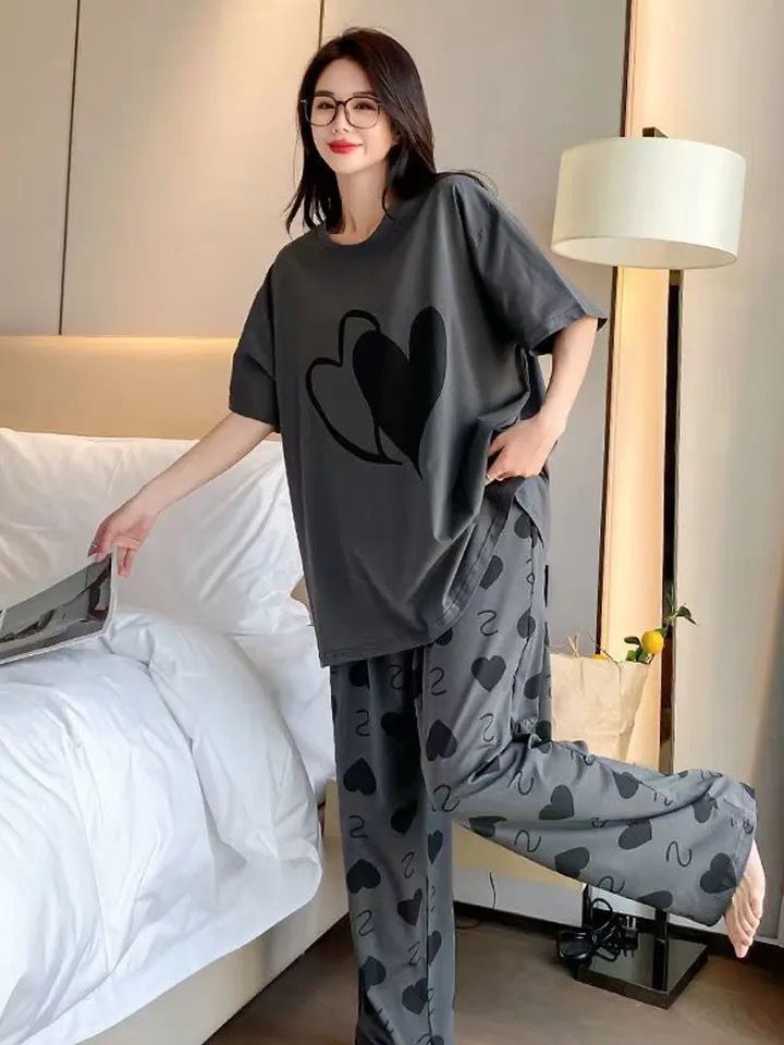 Charcoal Grey Heart Printed Half Sleeve Nightsuit