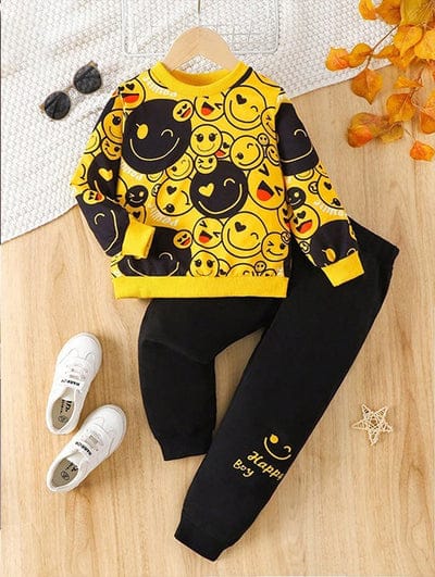 YELLOW HAPPY PIRNTED KIDS WINTER TRACKSUIT