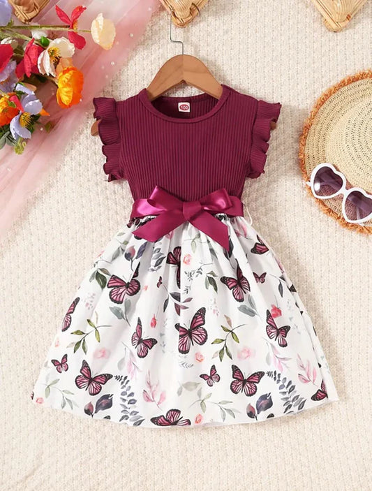 2pcs Baby Girls Sleeveless Flying Sleeve Butterfly Print Dress With Belt