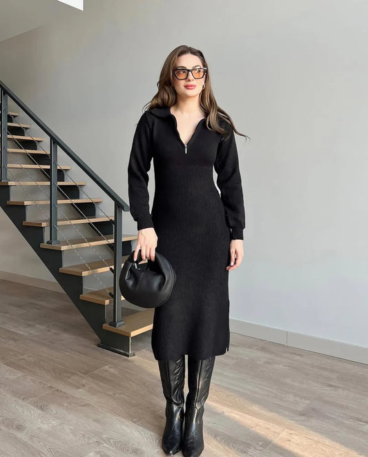 Knit Zipper Midi Sweater Dress