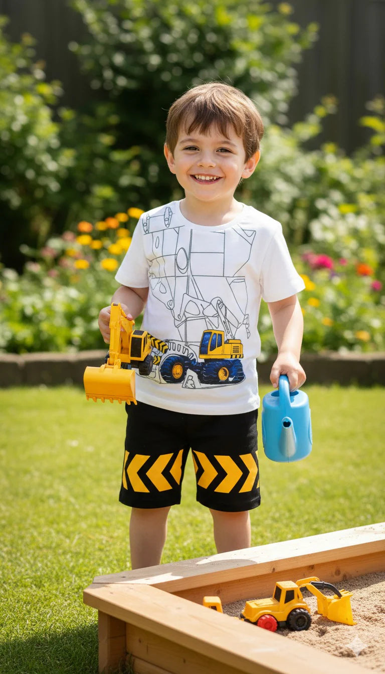White Excavator Print KIds Short Wear