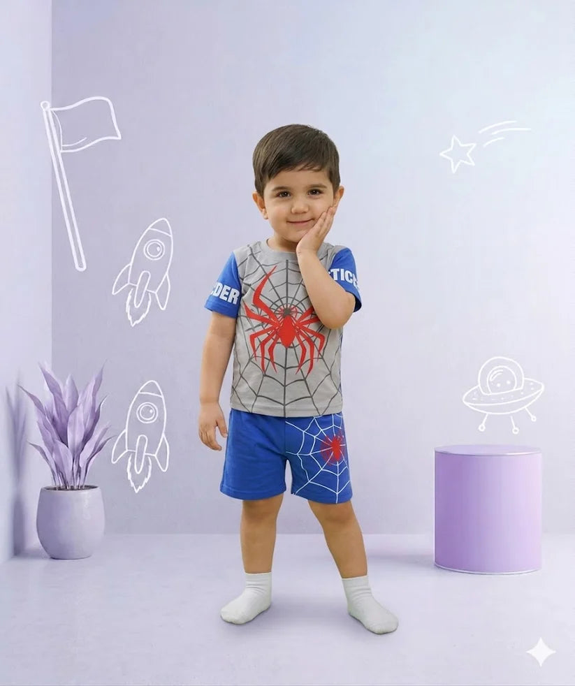 Kids Spider Print Summer Outfit – T-Shirt & Shorts Set (2PCS)
