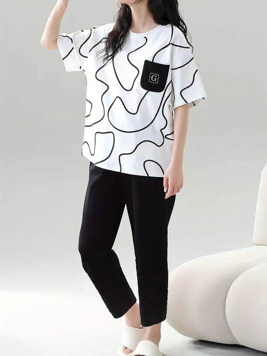 White & Black Printed Women Nightsuit