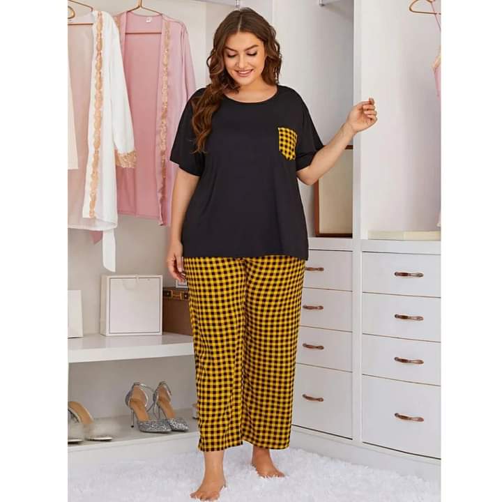 PLUS SIZE - BLACK CONTRAST CHEKERED NIGHT WEAR SET