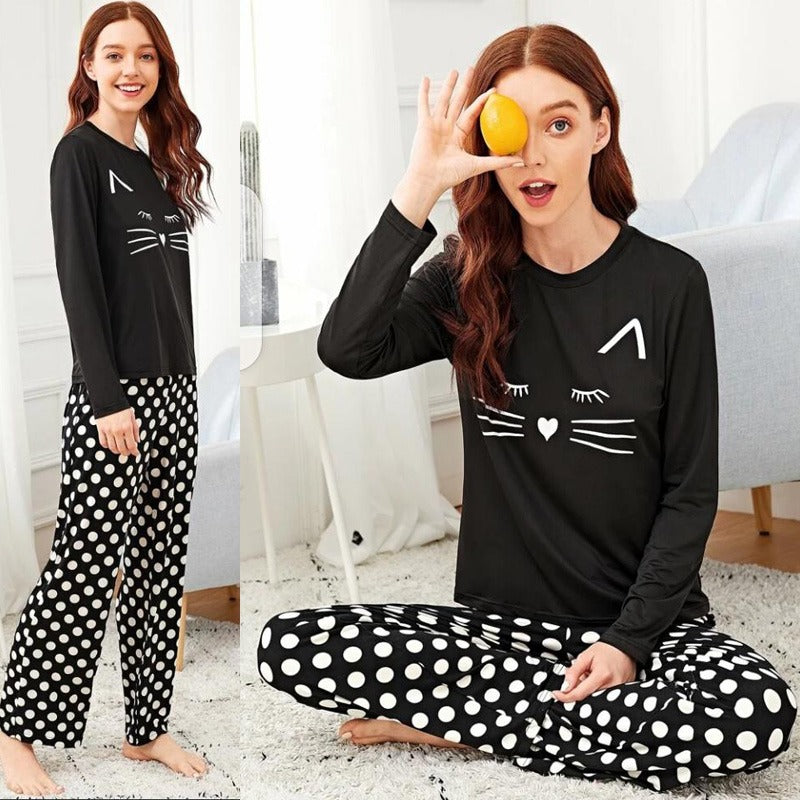 Black Meow Printed Nightwear