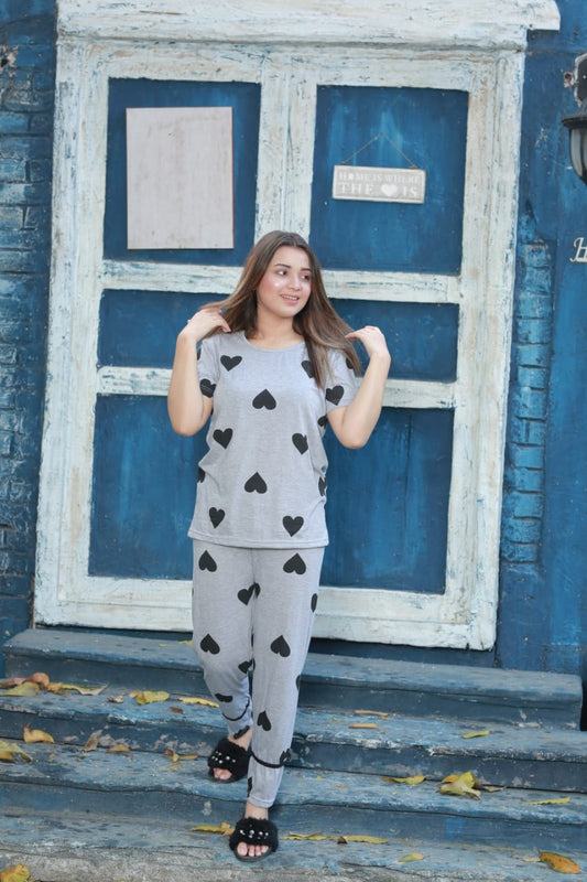 Gray Heart Printed Nightwear & Causal wear