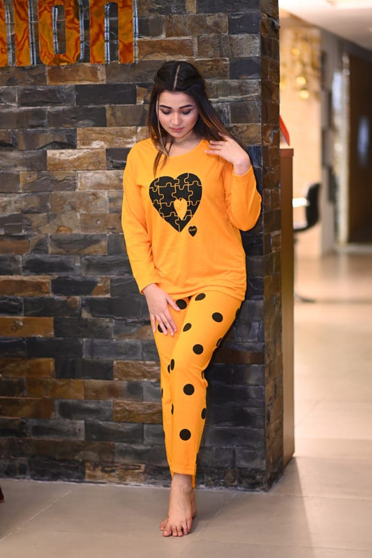 Yellow Puzzle Heart Full Sleeves Printed Nightwear