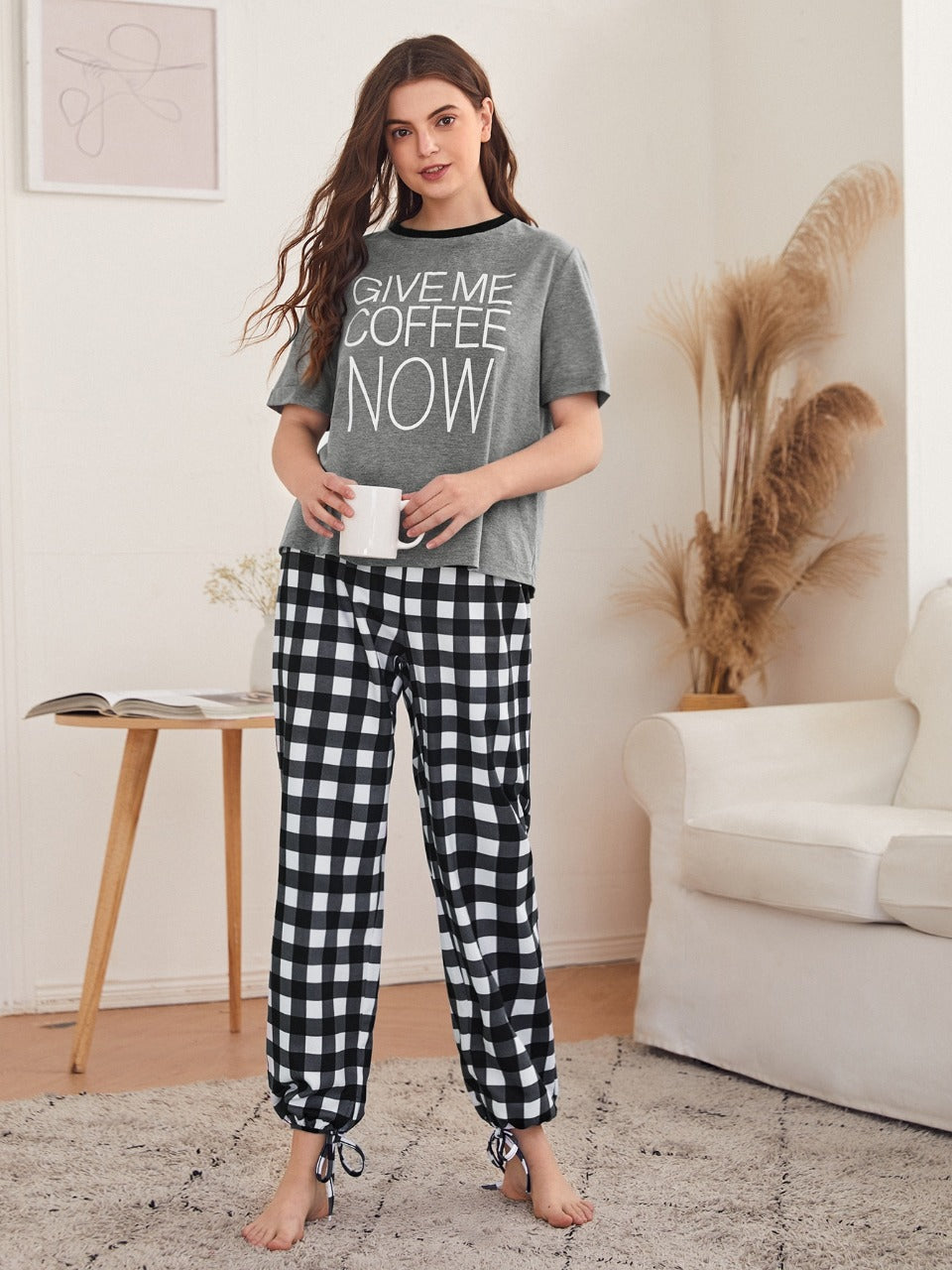 Gray Give Me Coffee Now Printed Nightwear