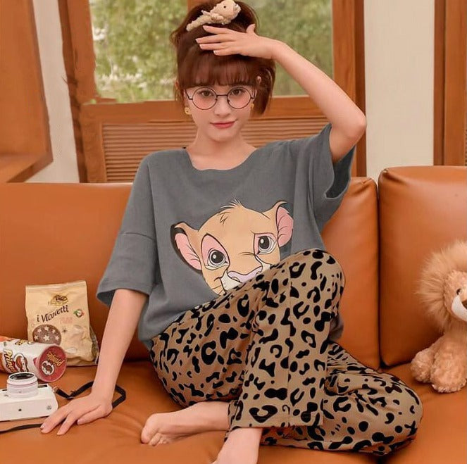 Steel Gray - Lion Face Printed Nightwear Set For Women