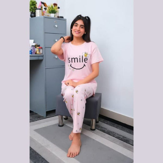 PINK SMILEY PRINTED HALF SLEEVES NIGHTWEAR