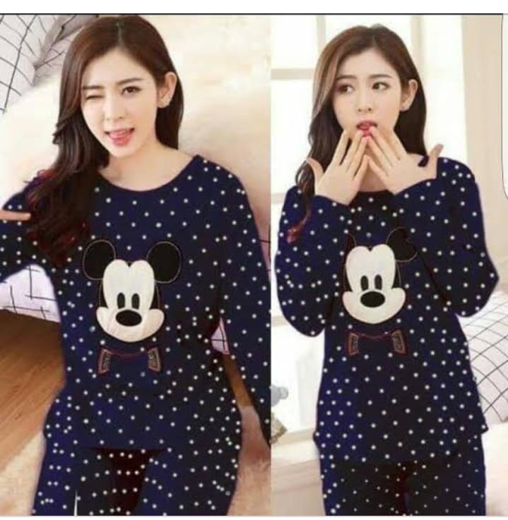 Navy Blue Polka Dot Mickey Mouse Printed Nightwear