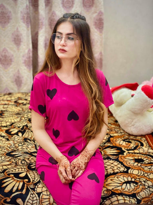 Shocking Pink Heart Printed Nightwear